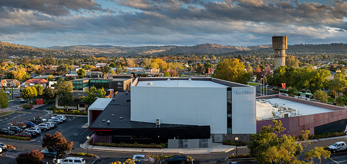 Exterior panorama of the Wodonga town centre looking out towards a hill range