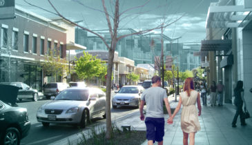 Manipulative image of a man and woman walking down a suburban retail centre street footpath