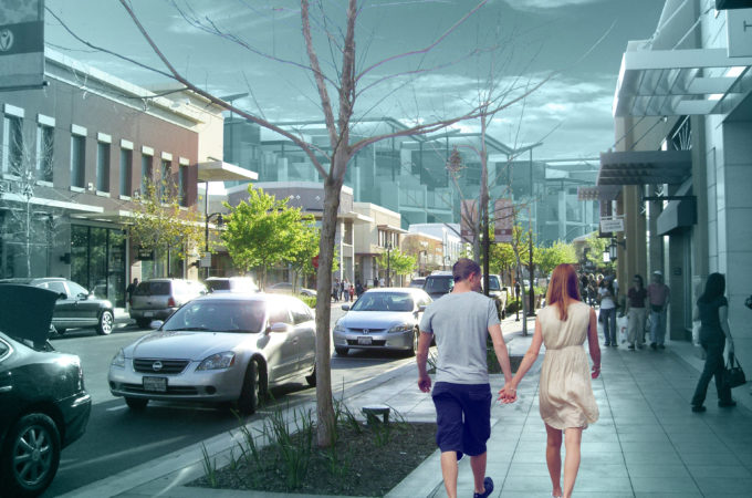 Manipulative image of a man and woman walking down a suburban retail centre street footpath