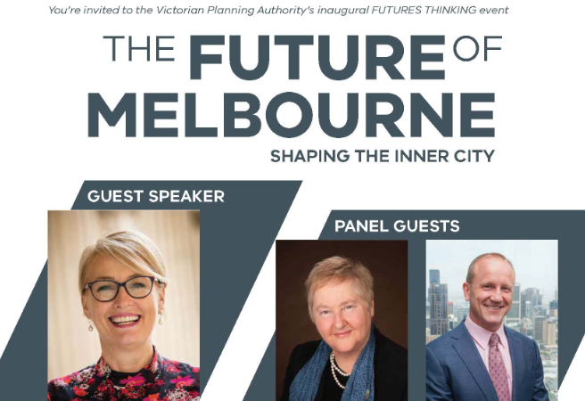 Brochure for the Future of Melbourne event featuring Jude Munro, Sally Capp and Jim Miller