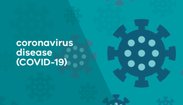 Graphic banner stating coronavirus disease covid-19 with a representation of a covid molecular