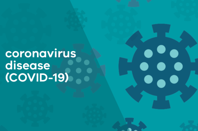 Graphic banner stating coronavirus disease covid-19 with a representation of a covid molecular