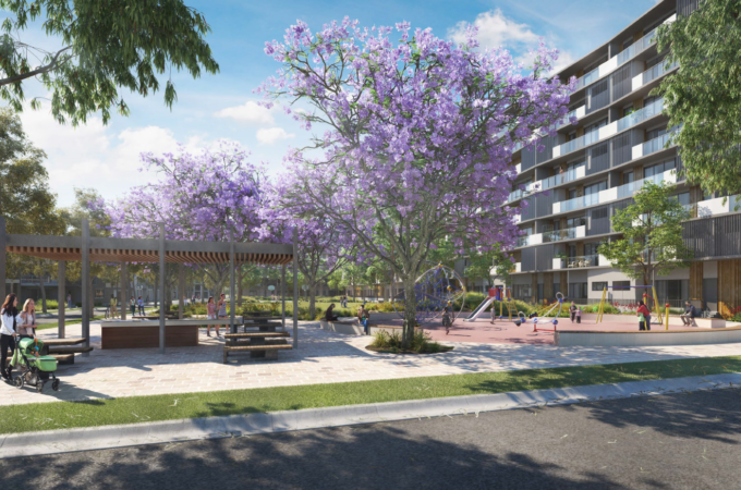 Artist render of PMP Printing with a playground centre of field