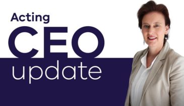 Portrait of Rachel Daprian under the Acting CEO update banner - decorative