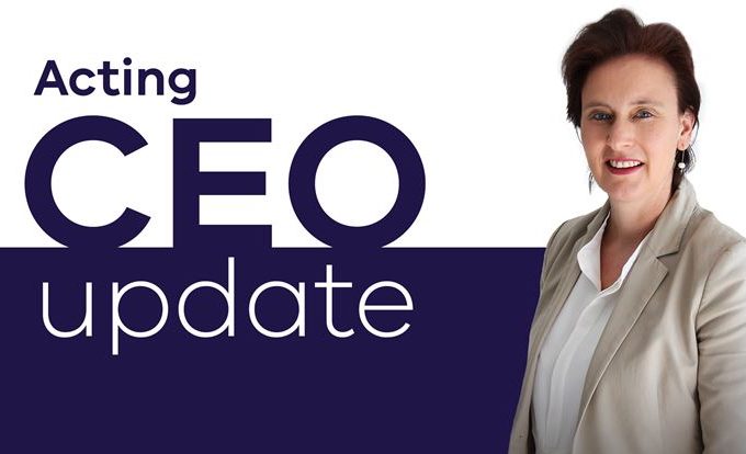 Portrait of Rachel Daprian under the Acting CEO update banner - decorative