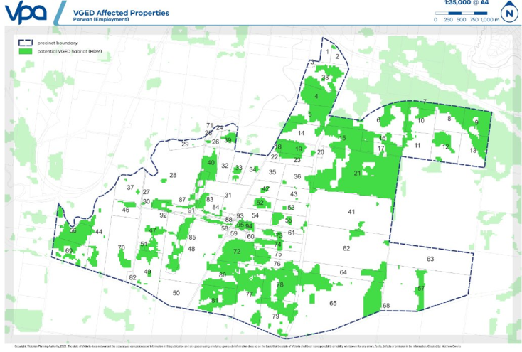 VPA map representing the location of the Victorian Grassland Earless Dragon on properties in the Parwan Employment precinct